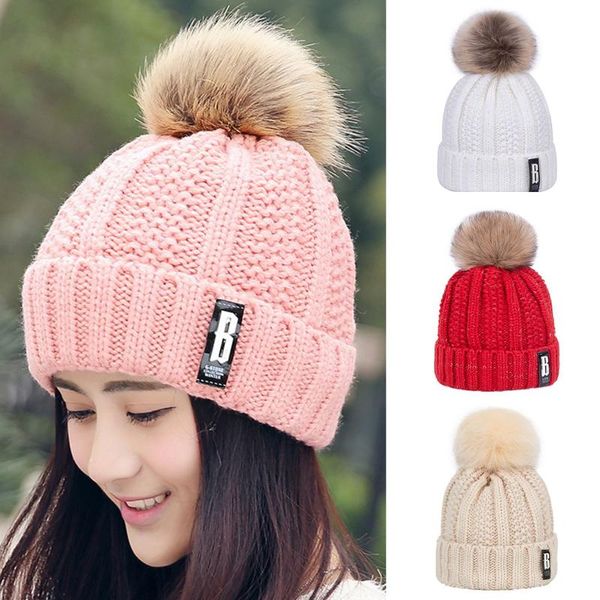 

beanie/skull caps fashion fluffy fur hat knitted warm winter hats women's beanies thicken plus cotton beanie girls pompoms gorras whole, Blue;gray
