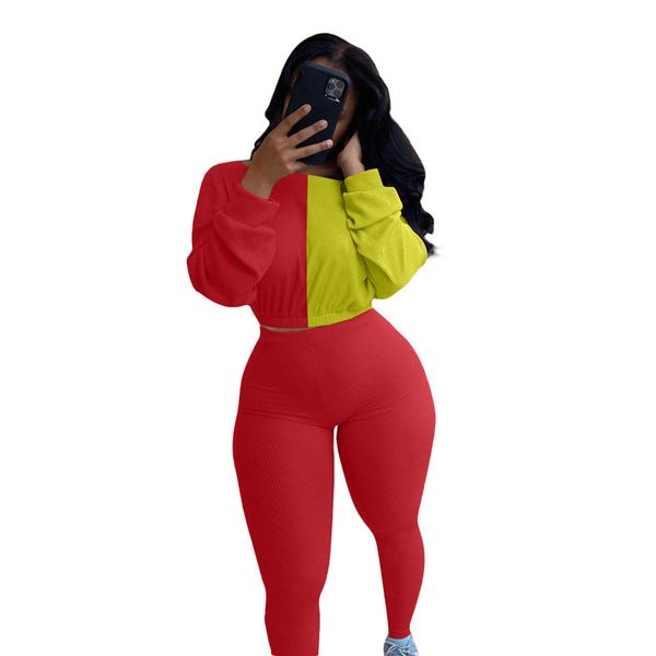 

new design color block patchwork two piece tracksuit sets long sleeve hoodies outfits women crop sweater legging pants sportwear f92905, Gray