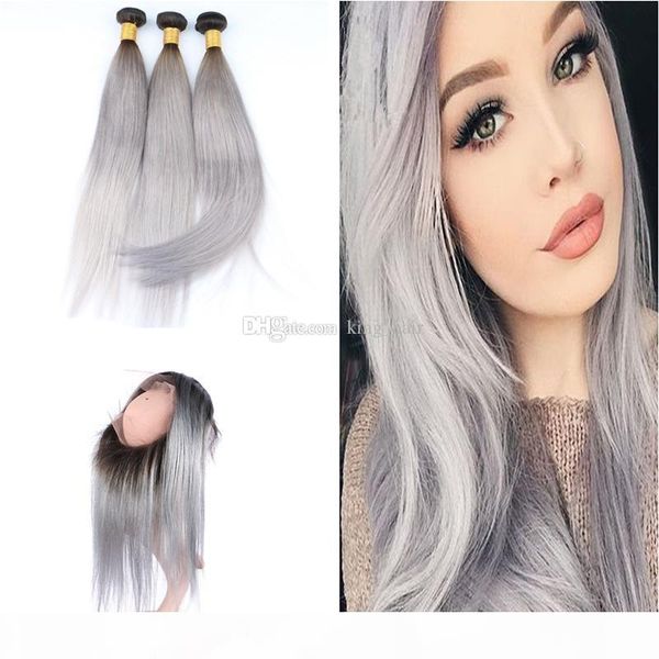 

ombre #1b grey hair bundles with 360 lace band frontal dark root sliver grey straight virgin hair extension with pre plucked 360 frontal, Black