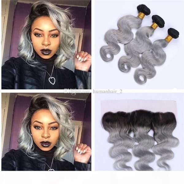

brazilian body wave hair with lace frontal closure ombre two tone virgin human hair bundles with ear to ear lace frontal t1b grey, Black;brown