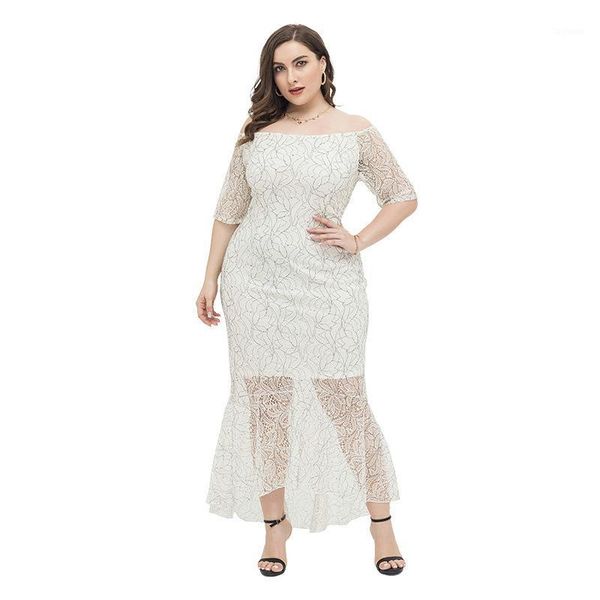 

whzhm new arrial white dress women slash neck off shoulder half sleeve trumpet mermaid maxi party plus size 3xl 4xl dress1, Black;gray