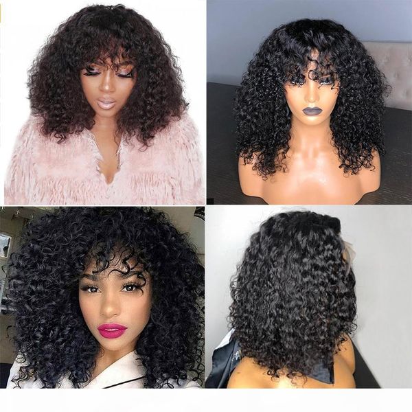 

250% density bob wig curly 13x6 lace front human hair wigs with bangs brazilian fringe wig pre plucked remy 360 lace front wigs, Black