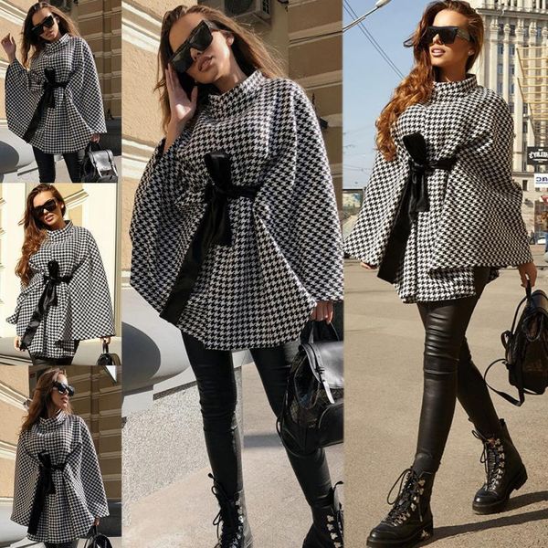 

autumn / winter 2021 new women's european and american thousand bird grid woolen coat loose lace up cape top, Black