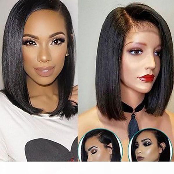 

full lace human hair wigs short bob cut glueless side part pre plucked straight virgin peruvian hair lacefront wig for black women, Black;brown