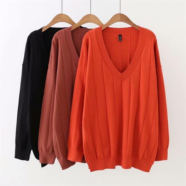 

plus size v-neck drop-shoulder sleeve women knitted pullover 2020 black & brick red & bean sand color ladies sweater wool female, White;black