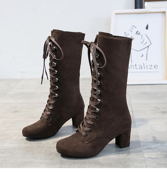 

2021 new autumn winter women's vintage lace-up mid foot round fashion comfortable style high-heeled shoes knee high boots ueem, Black