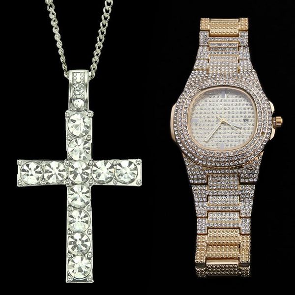 

pendant necklaces hip hop watch & necklace combo set luxury gold color stainless steel chain out cuban watches for men jewerly 2021, Silver