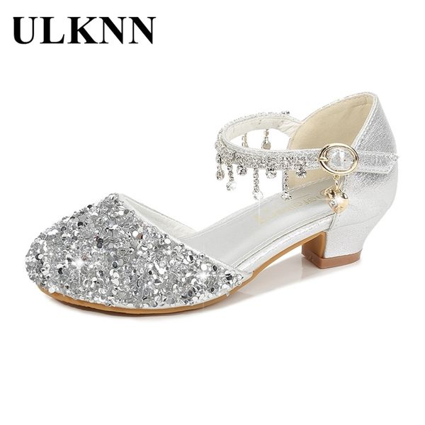 Ulknn Girls Glitter Sandals Детские высокие каблуки Обувь детская производительность Crystal Baby Cadwalk Princess 220225