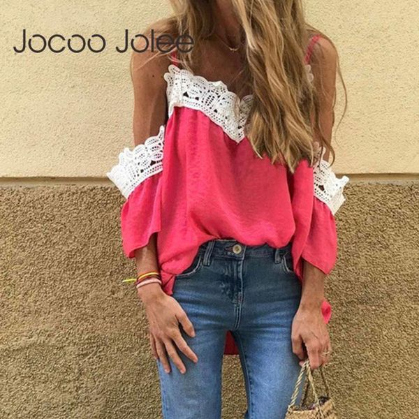

women's blouses & shirts jocoo jolee elegant lace patchwork blouse strap v neck loose shirt casual off the shoulder short sleeve s, White