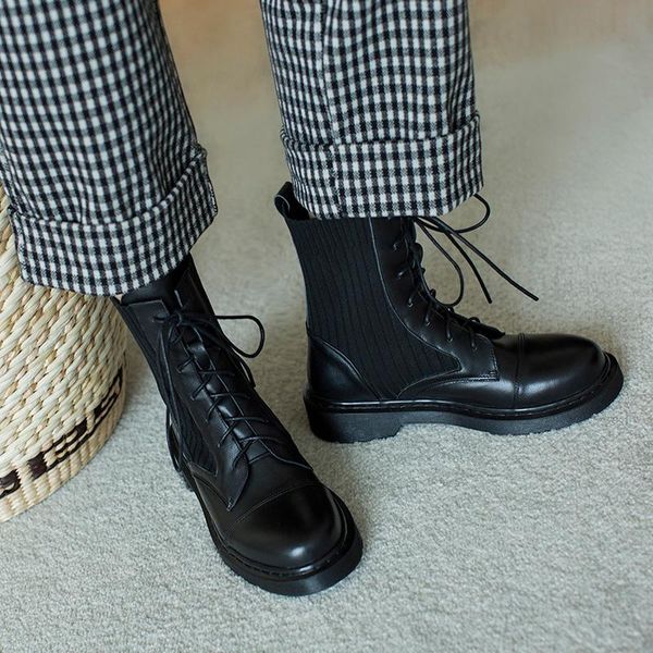 

mordoan genuine cow leather boots women's thick-soled autumn 2021 new british style women's lace round ankle boots women, Black