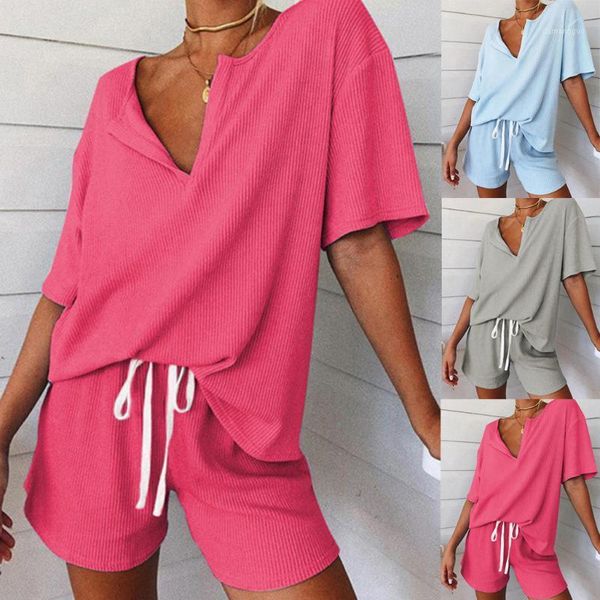 

two piece set fashion women casual solid short sleeve tracksuit nightwear shorts sleepwear set summer clothes, White