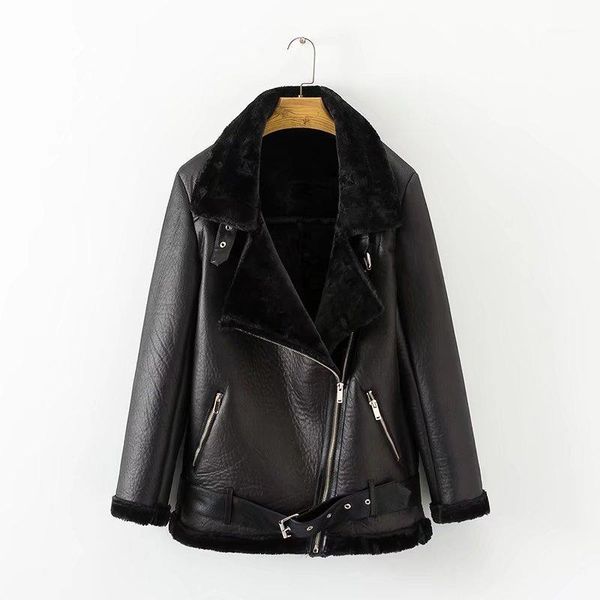

ailegogo winter women faux lamb leather female warm thick outerwear jacket faux leather lambs wool fur collar suede jacket coats1, Black