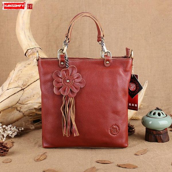 

vintage women handbag leather flower tassel fashion shoulder bag korean version of messenger bags layer cowhide female soft
