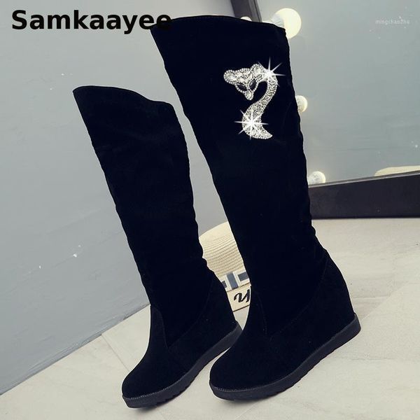

size 35-40 womens boots winter female knee botas thigh high platform shoes flock crystal round toe slip-on mujer long zapatos 411, Black