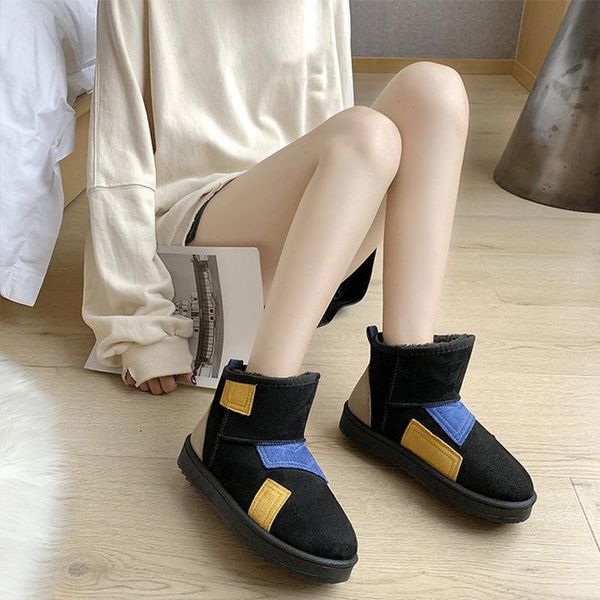 

women's snow boots ladies mixed color slip on flat platform women flock woman warm fur plush ankle boots female fashion shoes, Black