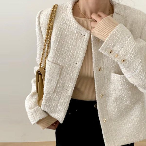 

women's jackets [ewq] 2021 winter female round neck single breasted minimalist loose cotton heavy solid color tweed jacket cardigan coa, Black;brown