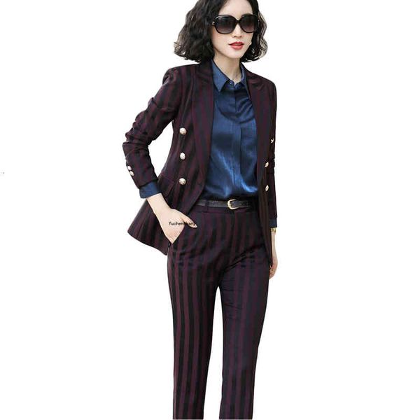 

women's two piece pants women red black blue striped pant suit ladies latest design single breasted 2 pieces set for work bldr, White