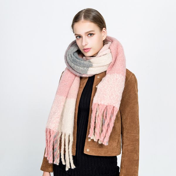 

new japanese and korean long plaid scarf autumn and winter decoration warm tassel plaid color matching cashmere like scarf, Blue;gray