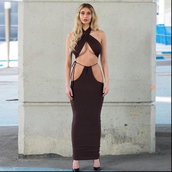 

2021 new fashion hollow out women two piece set backless high cut out deep v halter cotton crop high, Gray