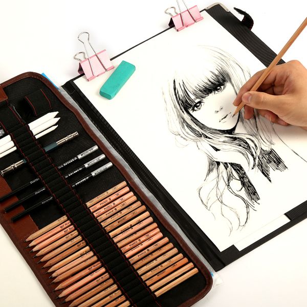 18 adet Marco Profesyonel Çizim Sanat Kiti Kömür Kroki Kalemler Ile, Kağıt Silgiler Grafit Kalemler Bıçak Sanat Malzemeleri 201102