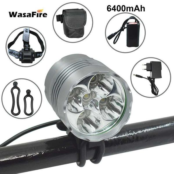

wasafire 7000lm front faroles bike light headlight 3 modes 5* xm-l t6 led bicycle lamp headlamp 6400ma rechargeable battery pack