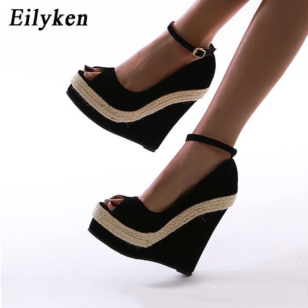 

eilyken brand 2020 platform wedges high heels shoes sandals women straw summer party ankle-wrap shoes woman sandals 1010, Black