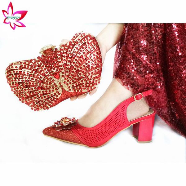 

pointed toe shoes and bag in red african women shoes matching bag with shinning crystal for wedding party, Black