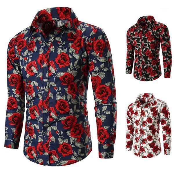 

nice spring and autumn new men shirt rose print long-sleeved hawaii basic shirt large size casual men clothing1, White;black