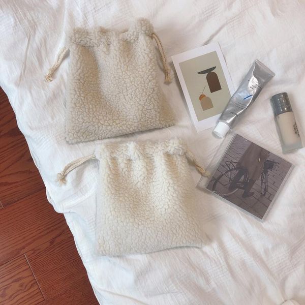 

cream solid warm plush drawstring small bag bundle pocket zero wallet make up bag lipstick cosmetics storage handbag