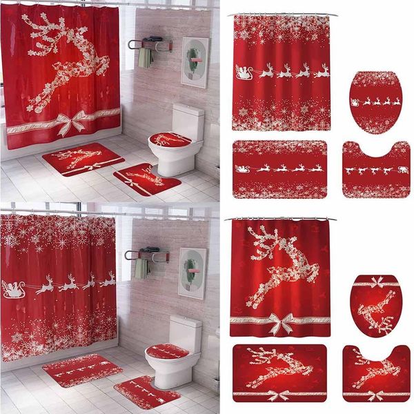 

4шт ванной коврик для ванной набор рождество снеговика печать туалет ванная mat и душ занавес четыре кусок ванной душ занавес wmtuko