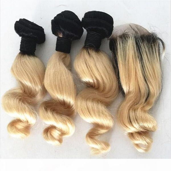 

1b 613 ombre hair extensions with closure middle three part loose curly wave two tone hair weave with lace closure bleached knots, Black;brown