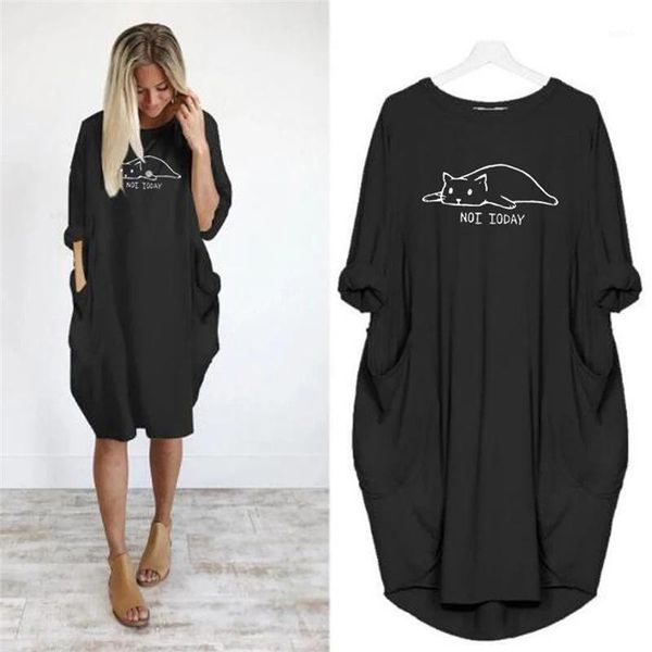 

cat letters print dress pocket dress vintage summer fall maxi women dresses lolita clothes party dresses woman plus size1, Black;gray
