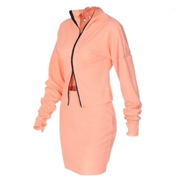 

spring fall two pieces set for women 2020fashion casual double zipper stand-up collar jacket&pencil hip skirt set streetwear1, Gray
