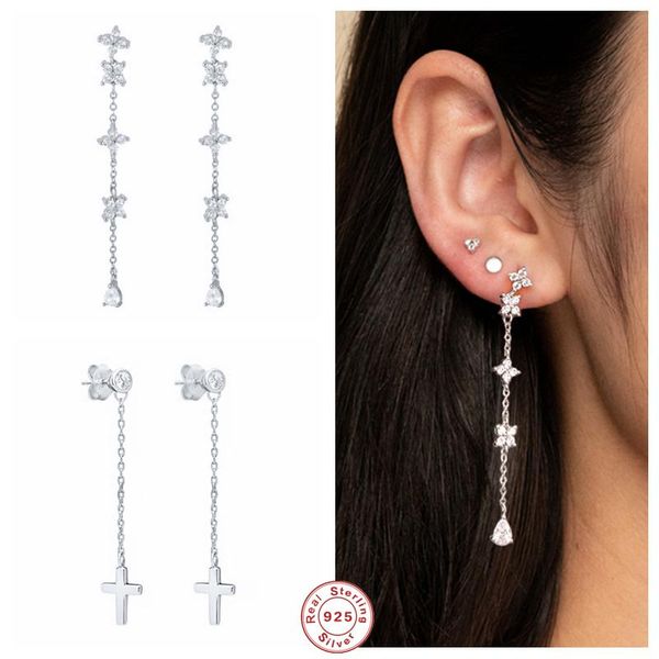 

gs 925 sterling silver cross long tassel drop earrings for women girls flower rhinestone chain dangle earring brincos jewelry