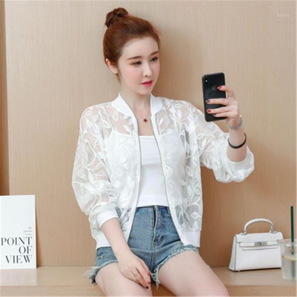 

2020 summer white thin jacket casual stand collar long sleeve female jacket fashion pink hollow sunscreen cardigan short coat1, Black;brown