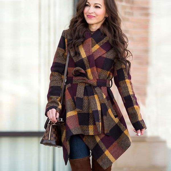 

autumn and winter fashionable belt trench wool plaid lapel mid-length women coat 2021 women's clothing, Tan;black