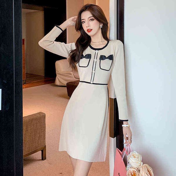

casual dresses french autumn and winter age reduction fragrance knitted dresses small stature godds style temperament trend, Black;gray
