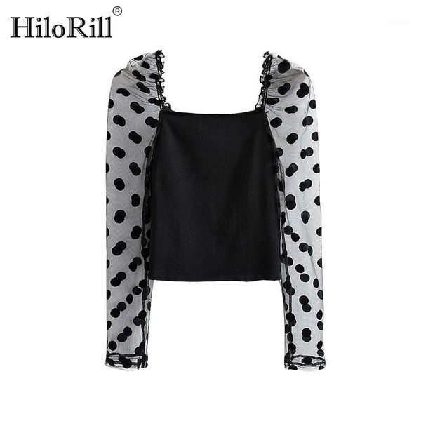 

2020 summer women patchwork lace blouse organza dot print long sleeve shirt chic square neck bodycon ladies shirt 1, White