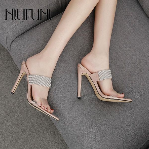 

dress shoes slippers women 2021 summer arrival rhinestone high heels slipper pointed out wearing fashion leisure women's sandals, Black