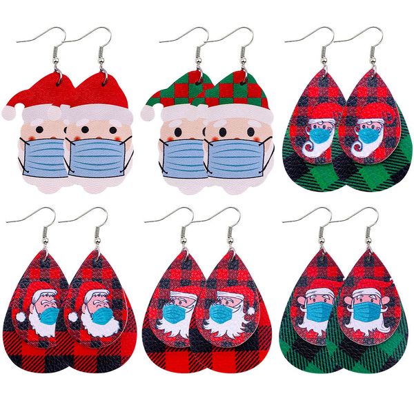 

new design christmas waterdrop pu leather earrings mask santa claus red green lattice leather earrings multilayer eardrop women jewelry gift, Silver