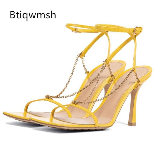

chain gladiator sandals women open toe ankle strap high heel shoes woman party shoes, Black