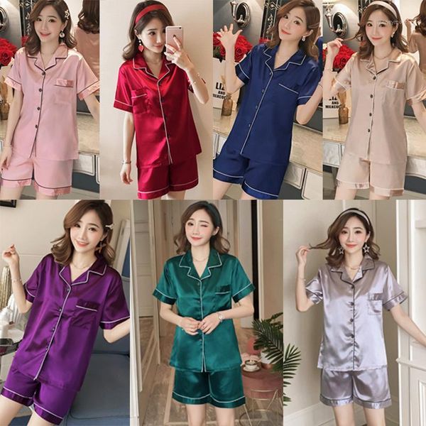 

plus size 5xl silk satin short sleeve pajama sets for women summer shorts sleepwear loungewear homewear pijama mujer clothes1, Black;red
