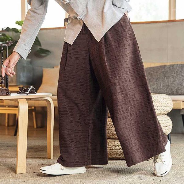 

men's pants cotton linen wide leg men chinese style male fashion loose japanese streetwear trousers solid drawstring harem pants1, Black