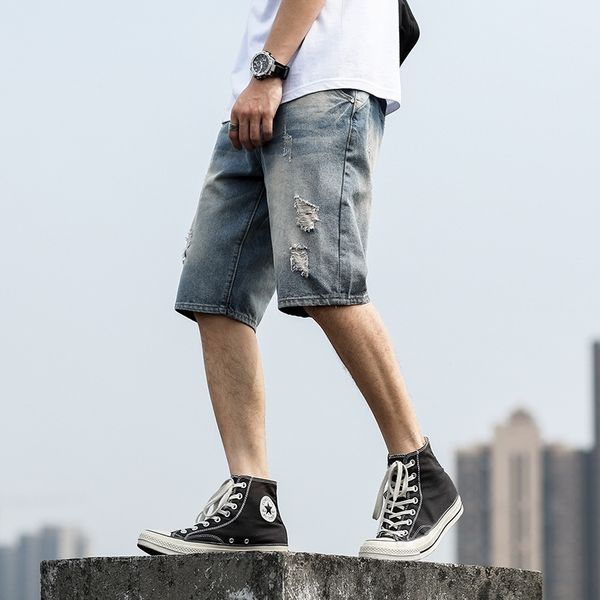 

vizvx thin and summer jeans five-point men's washed simple straight trendy loose 2020 and 2020 thin five-point summer men's washed, Blue