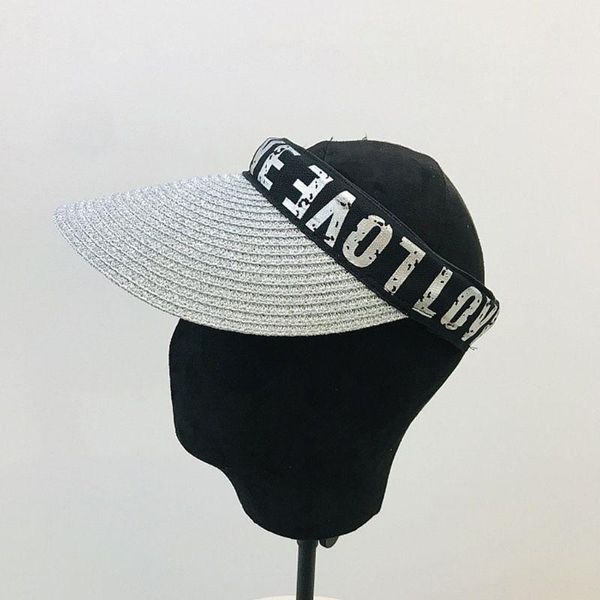 

korean style women empty weave straw sun hat metallic glitter gold sliver love alphabet clip-on wide brim anti-uv beach 2xpd, Blue;gray