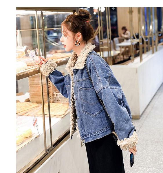 

lamb wool denim jacket female autumn and winter all-match 2020 new style fleece thickening coat parkas, Black