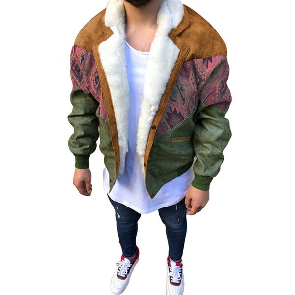 

fleece mens leather coats floral patchwork long sleeve lapel neck winter jacket high street fashion men cardigan outerwear, Black