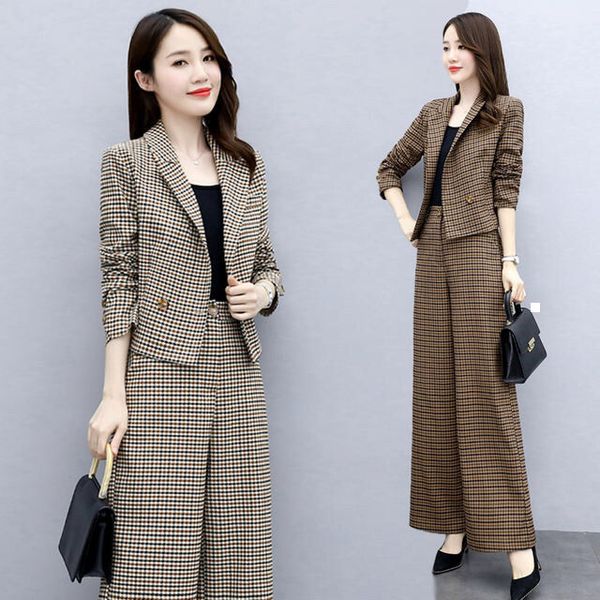 

new 2021 xadrez feminino primavera e estilo coreano temperamento moda perna larga calas de duas peas terno y483 vwr9 kstd, Gray