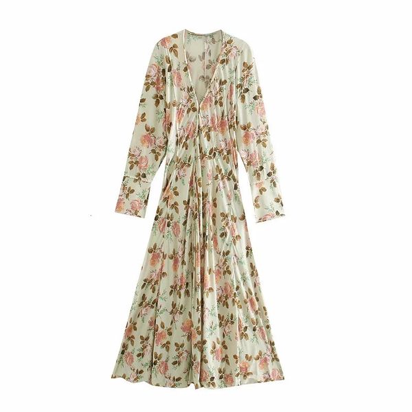 

2021 new woman floral print midi dress women v-neck long sleeves vents on the cuffs hem side vent casual laddies dresses mmvs, Black;gray