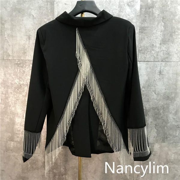 

spring ins fashion blazer lady 2020 new metal tassel chain design back open fork suit jacket women's high street coats1, White;black